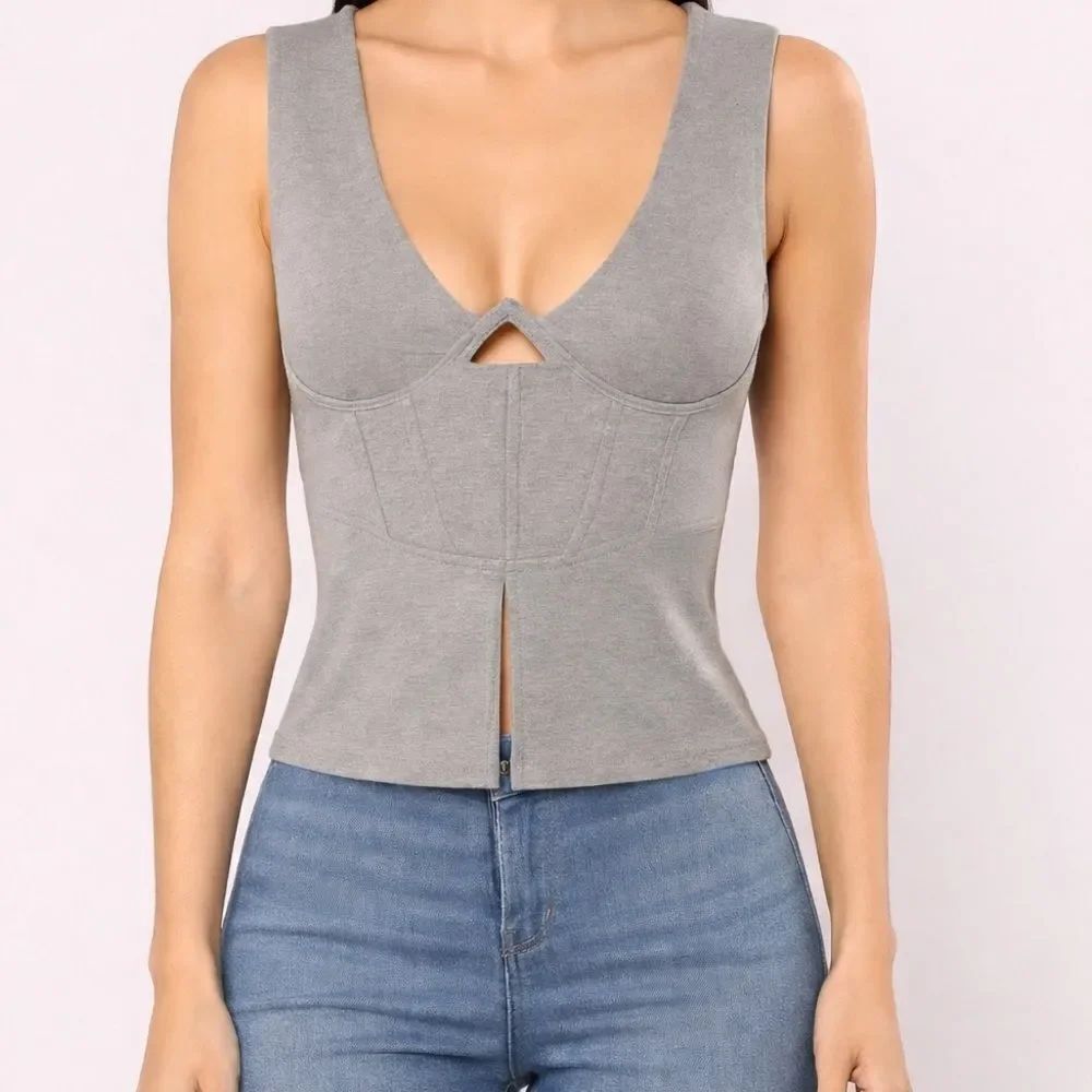 Fashion Nova Gray Underwire Corset Slit Front Sweatshirt Material Sleeveless Top